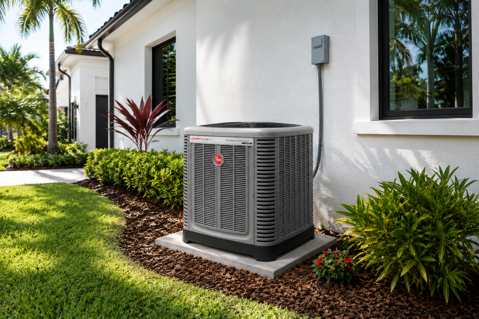 Rheem condenser installed on a concrete pad beside a South Florida home