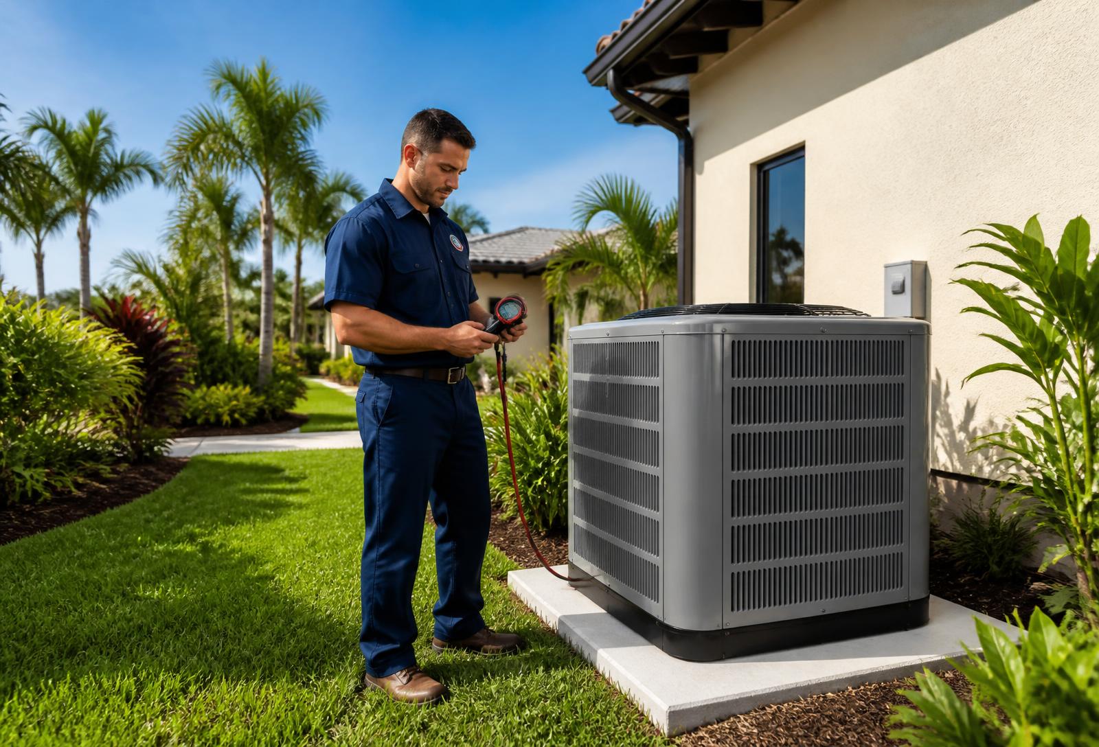 HVAC technician standing beside a new residential air conditioning condenser at a South Florida home